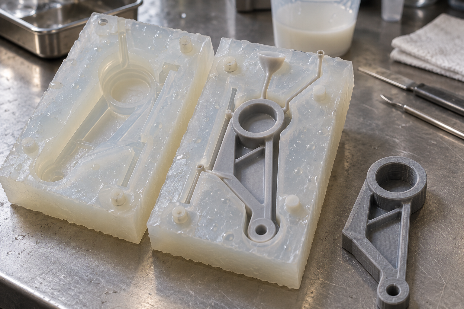Silikonform für den Vakuumguss und frisch entformtes Polyurethan-Handmusterteil, daneben das 3D-gedruckte Urmodell