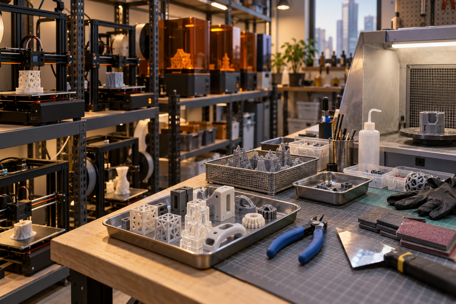 Arbeitsszene in einer Shenzhen-Werkstatt mit 3D-Druckgeräten und Nachbearbeitungsplätzen nebeneinander