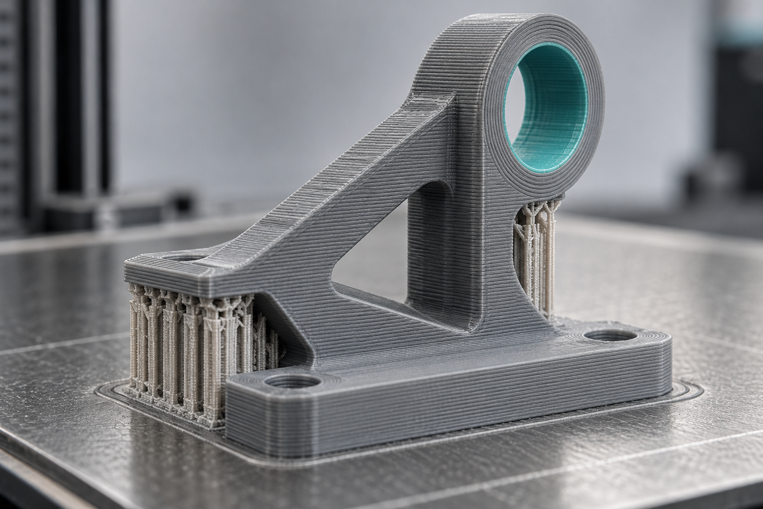 Schematische Darstellung der Ausrichtung und Stützspuren von 3D-gedruckten Teilen, die die Beziehung zwischen Schichtlinienrichtung, Stützkontaktflächen und kritischen Passflächen zeigt