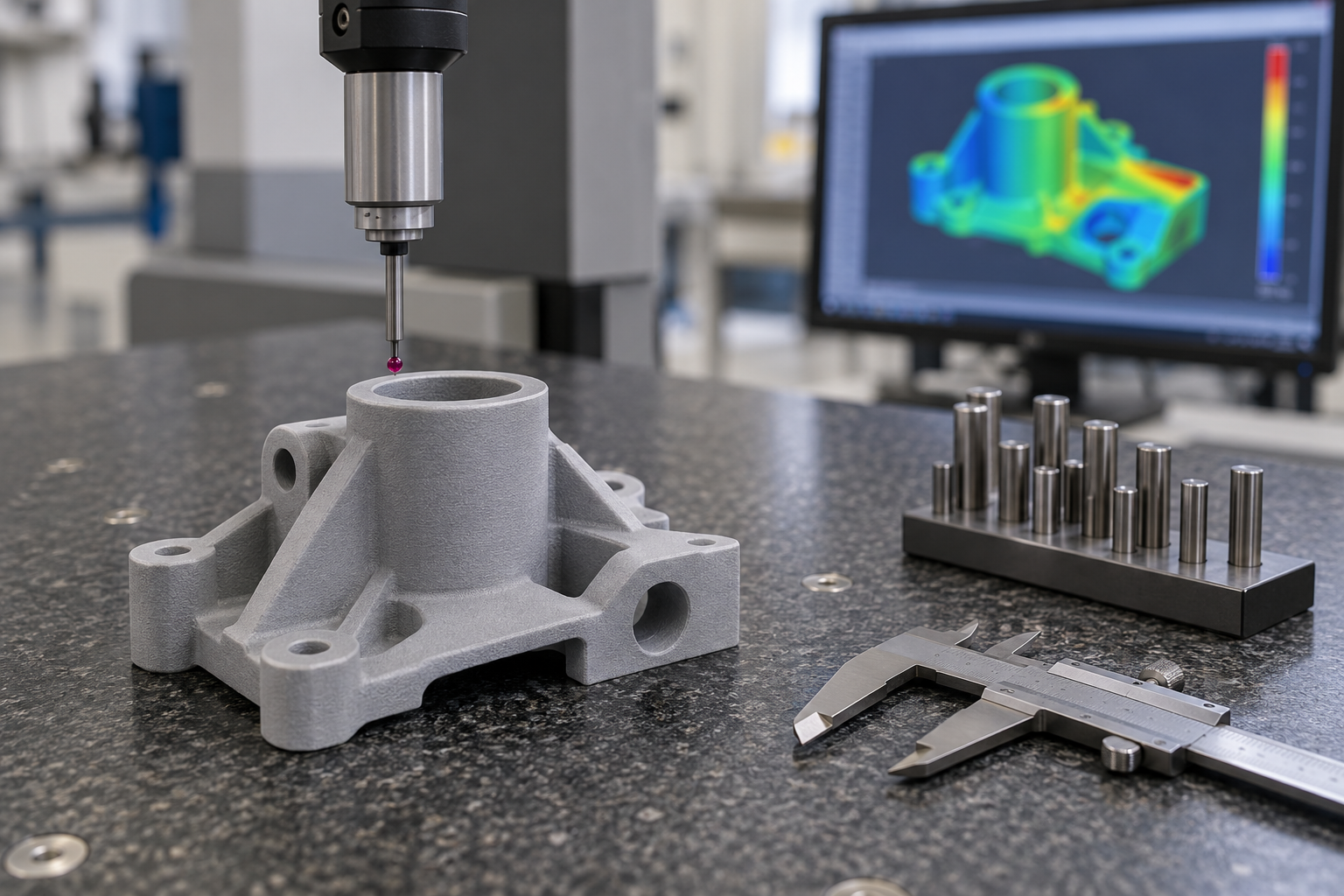 Tisch-Koordinatenmessgerät neben 3D-gedrucktem Teil mit Grenzlehrdorn und Messschieber, auf dem Bildschirm eine Scan-Abweichungswolke