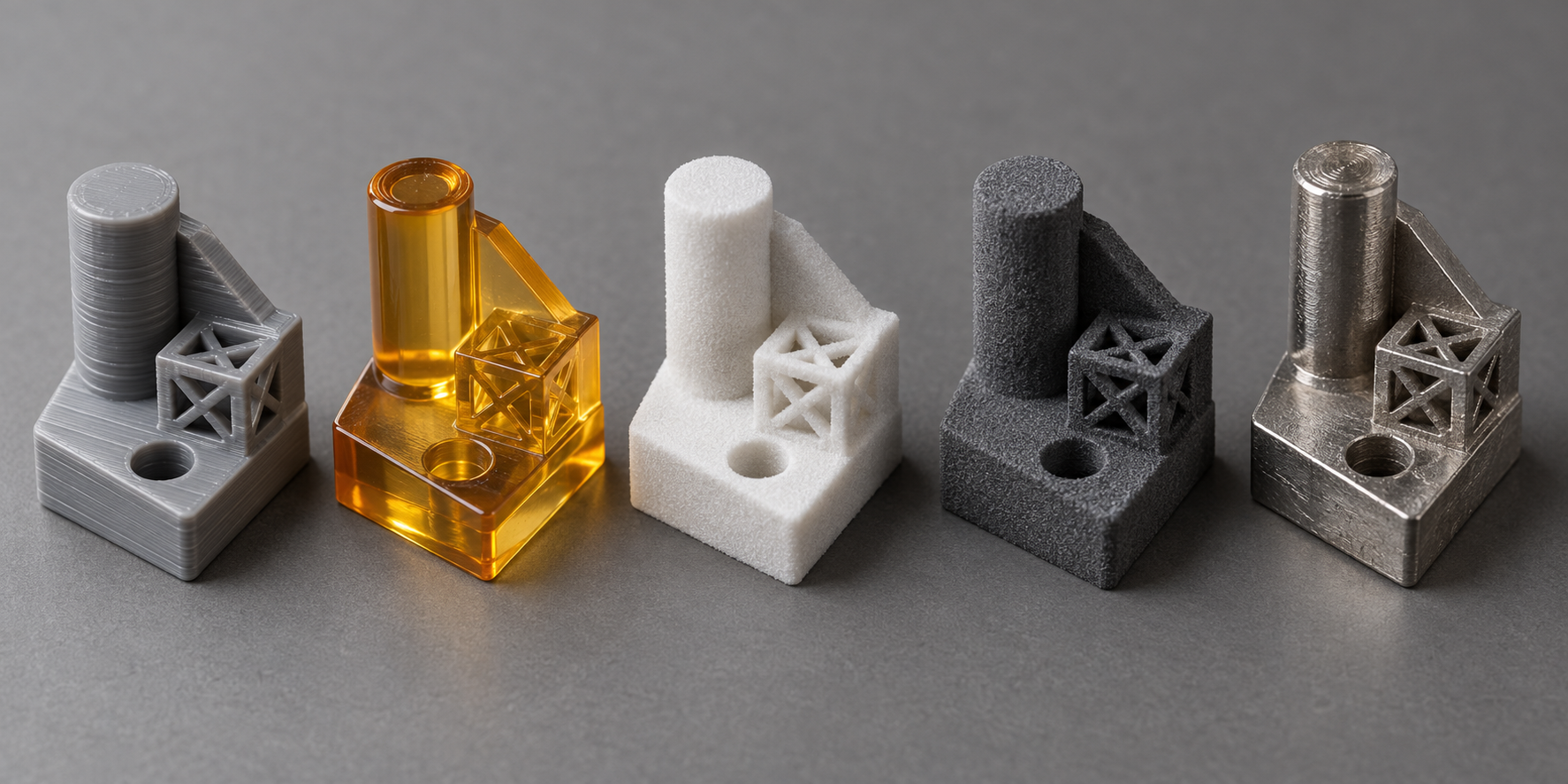 Fünf 3D-Druck-Verfahren im Mustervergleich nebeneinander: FDM-Schichtlinienteil, feines SLA-Harzteil, mattiertes SLS-Nylonteil, MJF-Nylonteil und DMLS-Metallteil
