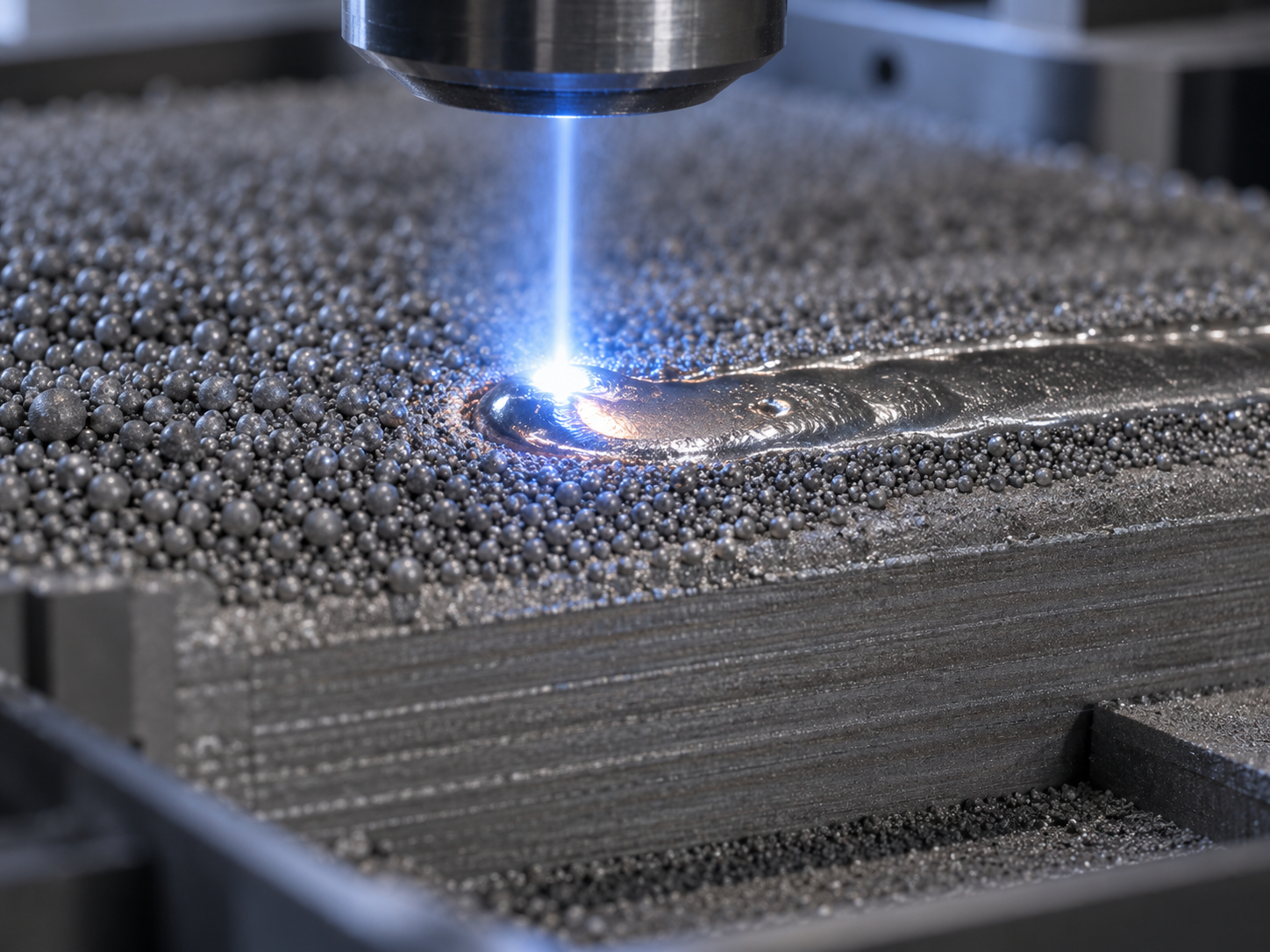 Vue macro d'un laser fondant de la poudre métallique lors d'un processus d'impression 3D métal par fusion sur lit de poudre