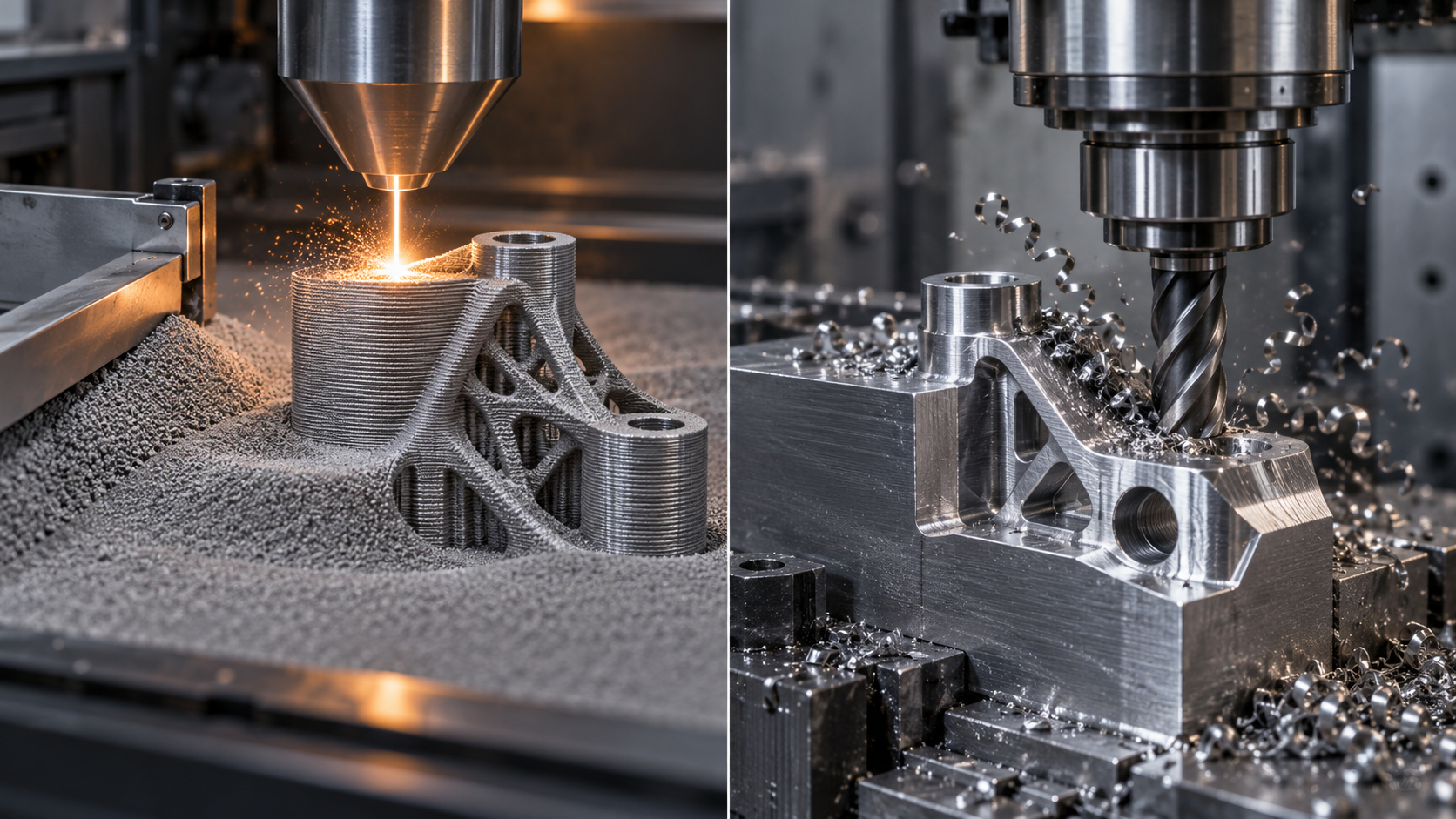 Schéma comparatif entre l'impression 3D métal et l'usinage soustractif CNC : à gauche, la voie additive par accumulation couche par couche ; à droite, la voie soustractive par enlèvement de matière dans un bloc massif