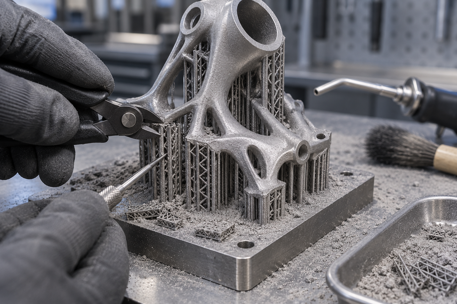 Détails du processus de post-traitement des pièces imprimées en 3D métal : un opérateur retire les structures de support avec des outils, à côté de pièces imprimées en attente de nettoyage des poudres