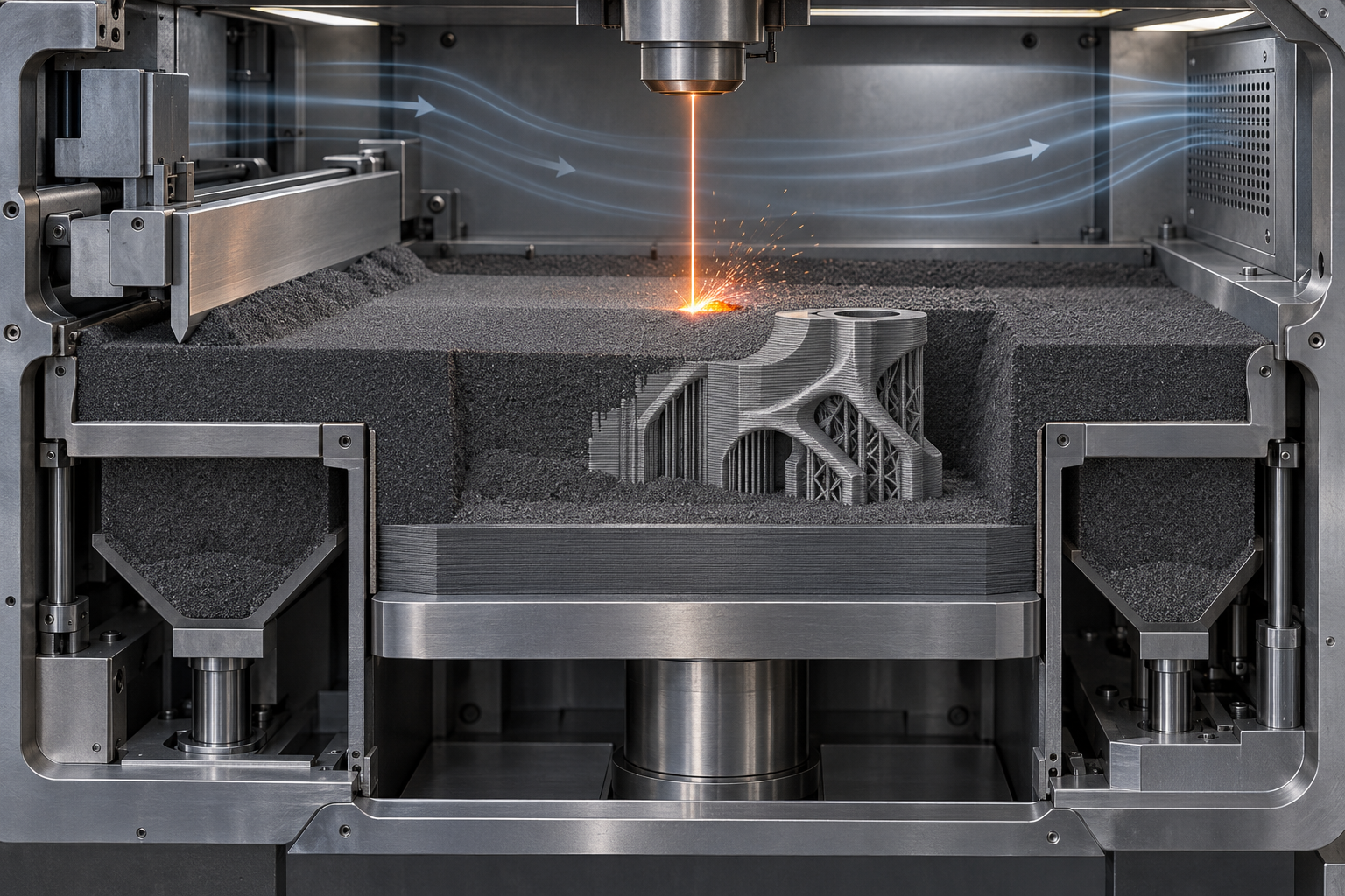 Vue en coupe du processus de fusion sur lit de poudre en impression 3D métal : la raclette égalise la poudre métallique, le faisceau laser fait fondre la poudre pour former un bain de fusion, le plateau de travail descend couche par couche