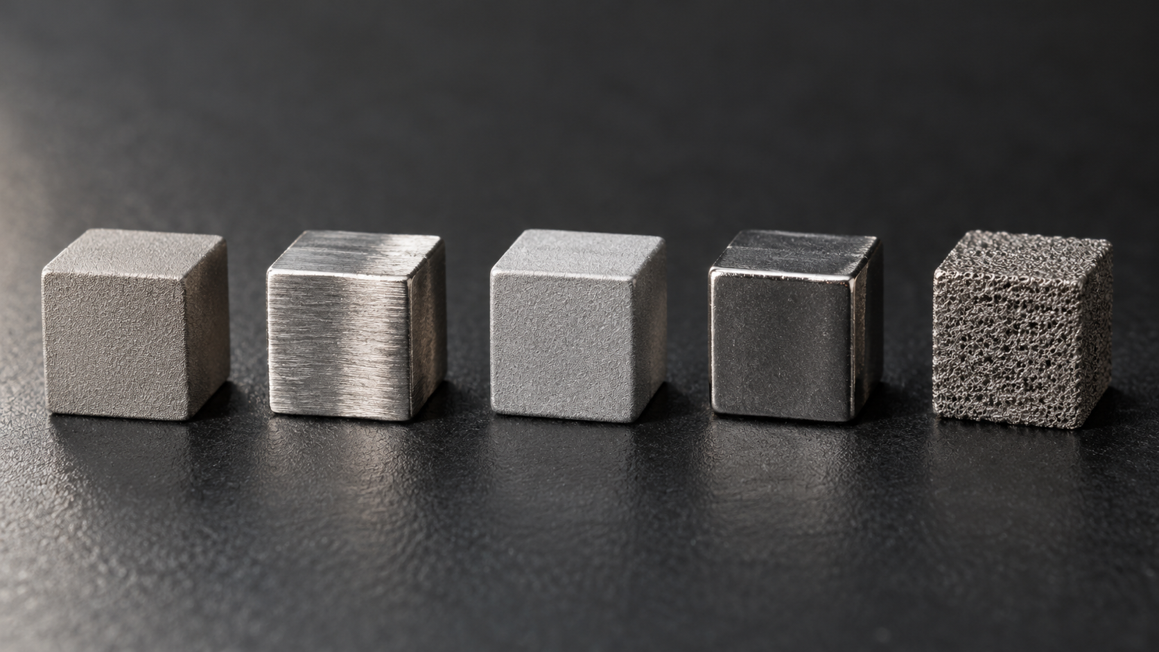 Comparaison d'échantillons de matériaux courants en impression 3D métal : cubes d'essai imprimés en alliage de titane, acier inoxydable, alliage d'aluminium et alliage cobalt-chrome disposés côte à côte, montrant les différences de texture de surface et de teinte