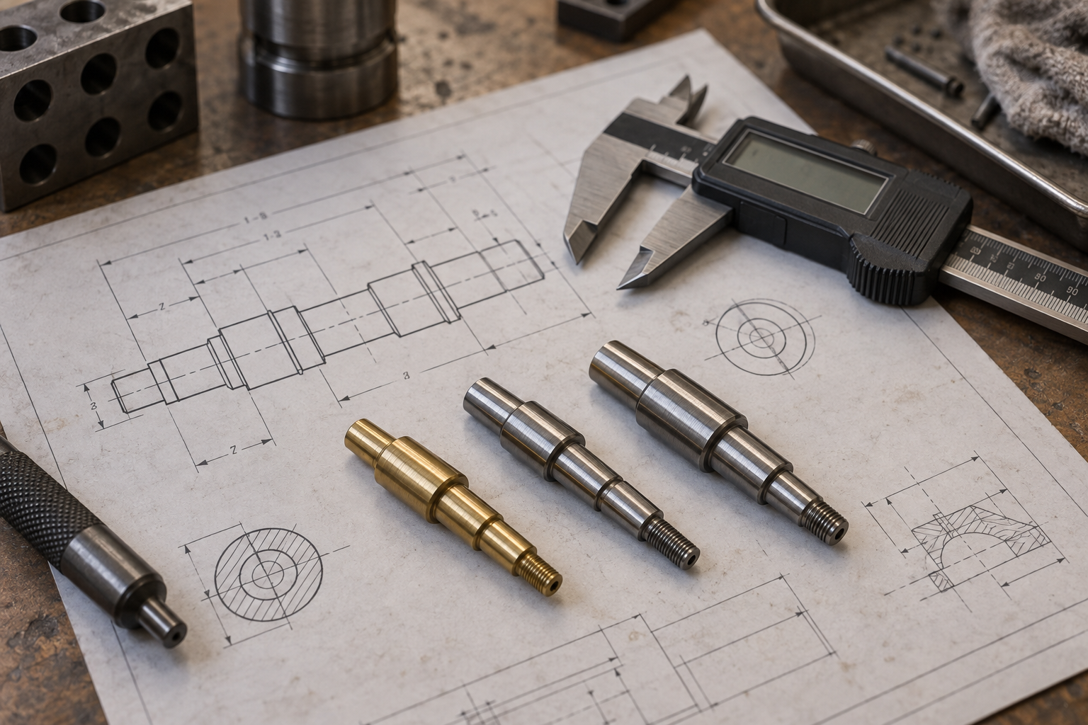 Ein Ingenieur prüft anhand der Zeichnung, ob ein Teil für die Langdreh-Bearbeitung geeignet ist; auf dem Tisch liegen Teilezeichnungen, ein Messschieber und einige mikrokline Wellenmusterteile