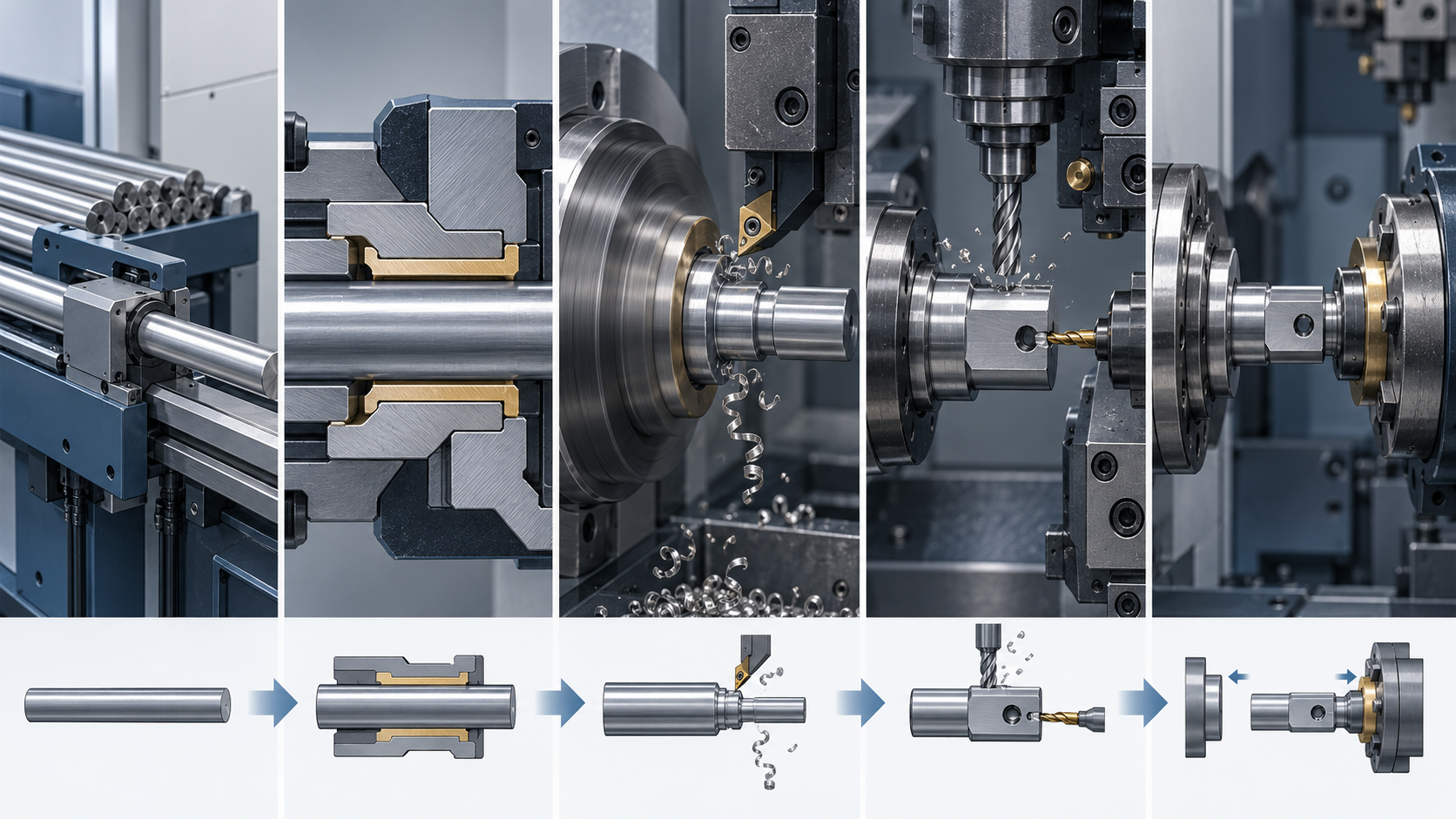 Schematischer Ablauf der Bearbeitung auf der Langdrehmaschine: Der Stangenwerkstoff läuft vom Stangenlader durch die Führungsbuchse, die Hauptspindel führt die Drehbearbeitung aus, angetriebene Werkzeuge fräsen und bohren, die Gegenspindel übernimmt das Teil und bearbeitet das andere Ende