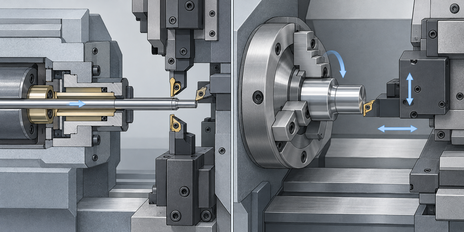 Schematischer Vergleich der Bewegungsart von Langdrehautomat und Drehautomat: Beim Langdrehautomaten wird der Stab axial zugeführt und das Werkzeug radial schneidend; beim Drehautomat rotiert das Werkstück und das Werkzeug wird zugeführt