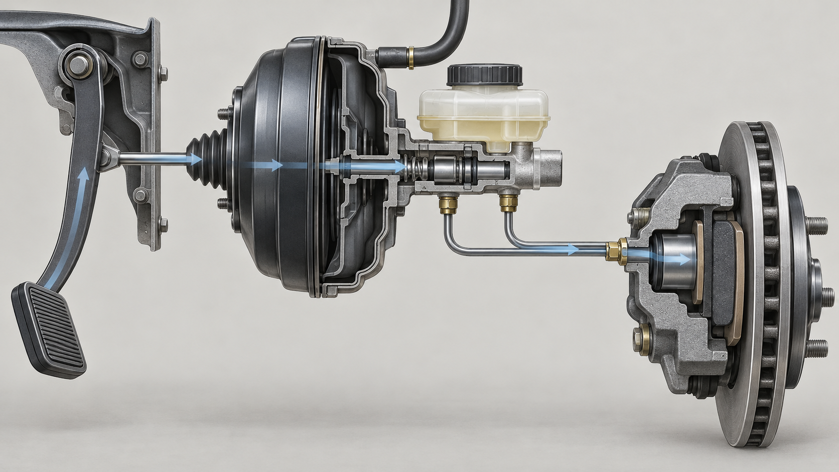 Schematische Darstellung der Bremspedaleinheit und des hydraulischen Bremskreises, vom Pedalarm über Stange, Unterdruck-Bremskraftverstärker, Hauptzylinder und Leitungen bis zum Bremskolben