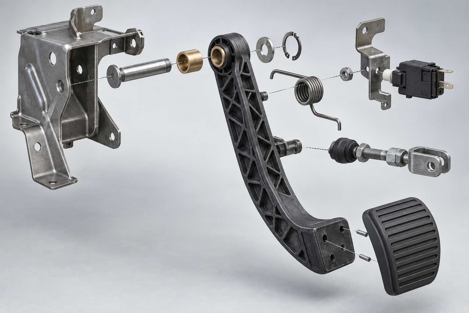 Explosionsdarstellung der Struktur einer Bremspedaleinheit mit Bezeichnung von Pedalarm, Pedalpolster, Metallhalter, Drehachse, Rückstellfeder und Stangenverbindungspunkt