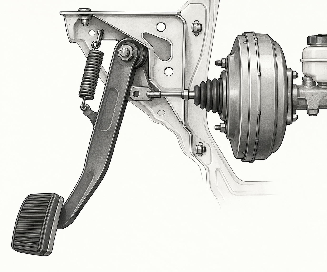 Schematische Seitenansicht der Struktur einer Kfz-Bremspedaleinheit, die Pedalarm, Achse, Träger und Verbindungspunkt der Druckstange zeigt