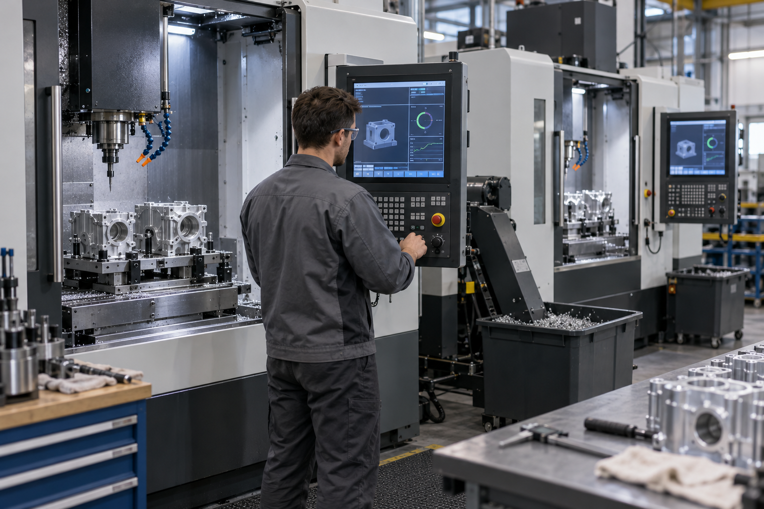 Two machining centers of the same model operating side by side in a CNC machine shop, with an operator checking on-machine measurement data beside the machine