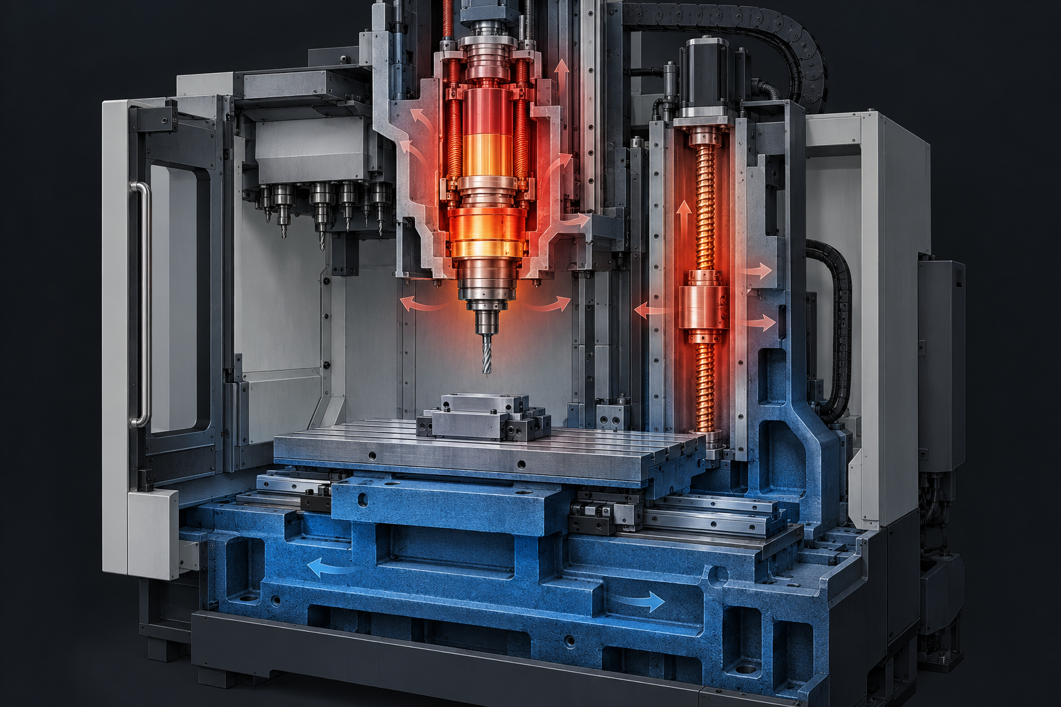 Schematic of thermal deformation in the spindle and ball screw area of a CNC machining center, with red gradient indicating temperature rise distribution