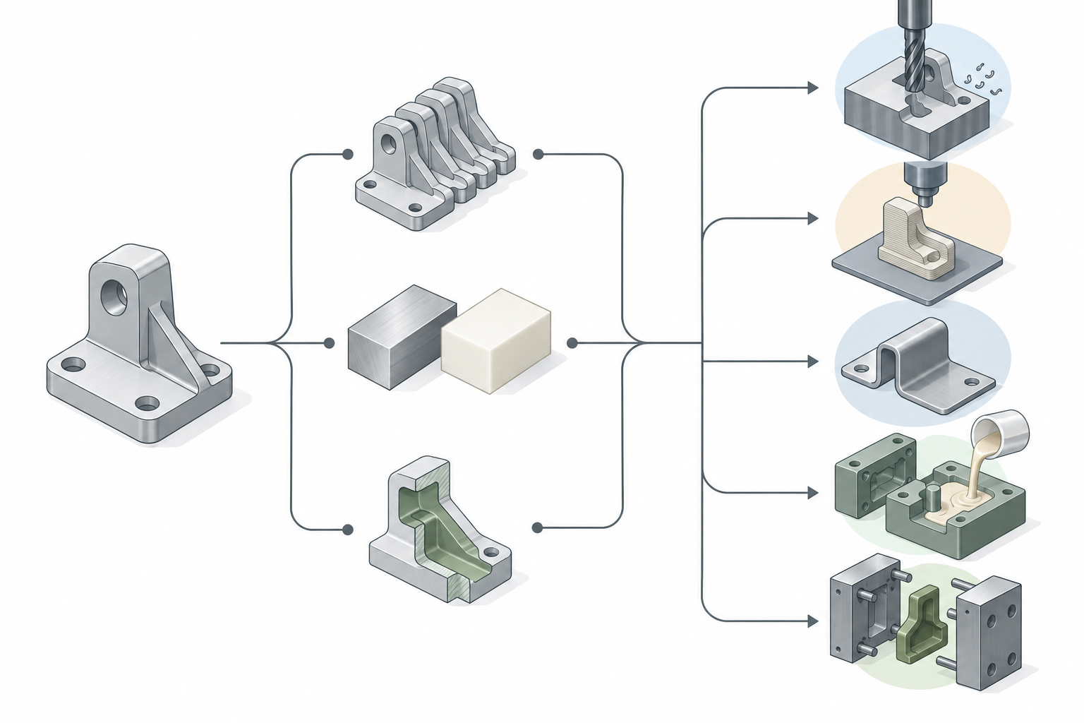 A process selection decision flowchart, starting from critical dimensions and branching along batch size, material, and structural complexity toward CNC, 3D printing, sheet metal, vacuum casting, and injection molding