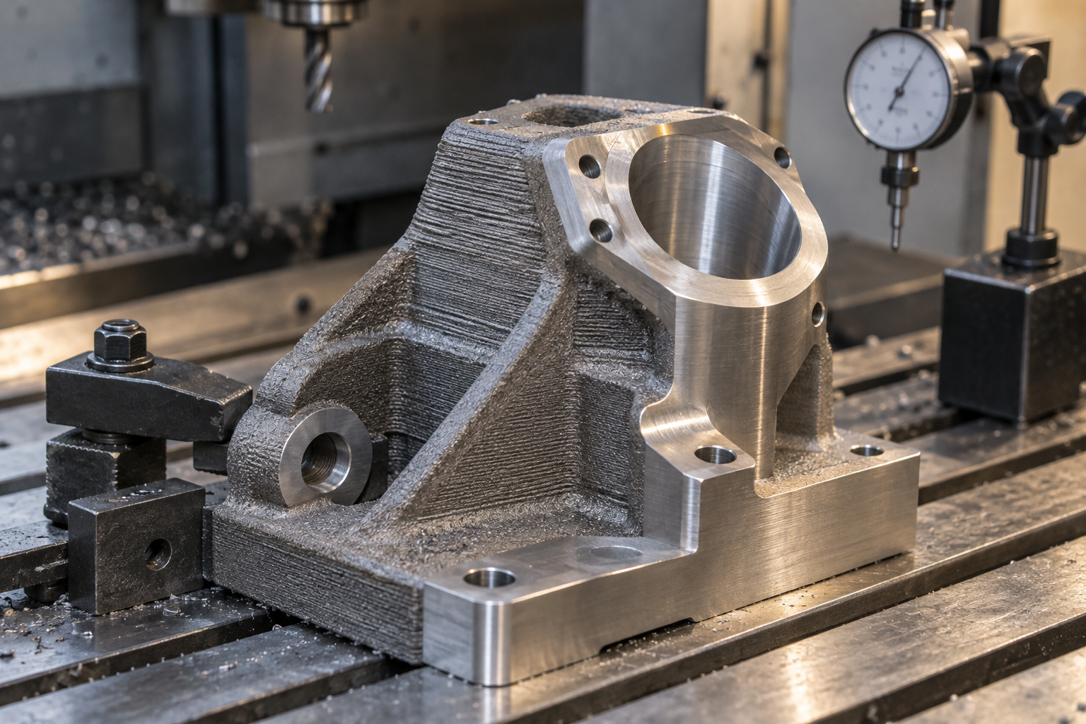 A metal additively manufactured near-net-shape blank placed on a CNC machine table, with a schematic of the mating surface awaiting finishing beside it