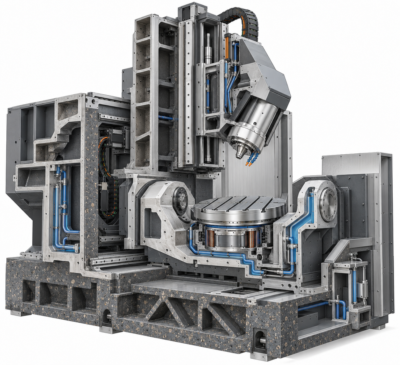 Schematic cross-section of the internal structure of a compound machining center, showing a box-in-box column, mineral casting bed, and multi-axis swivel head