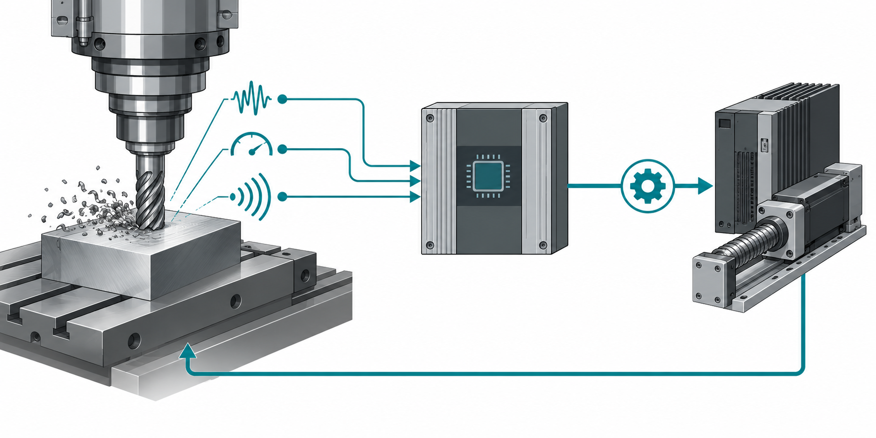 Adaptive control loop schematic: spindle load signals dynamically adjust feed override through the controller, forming a closed loop