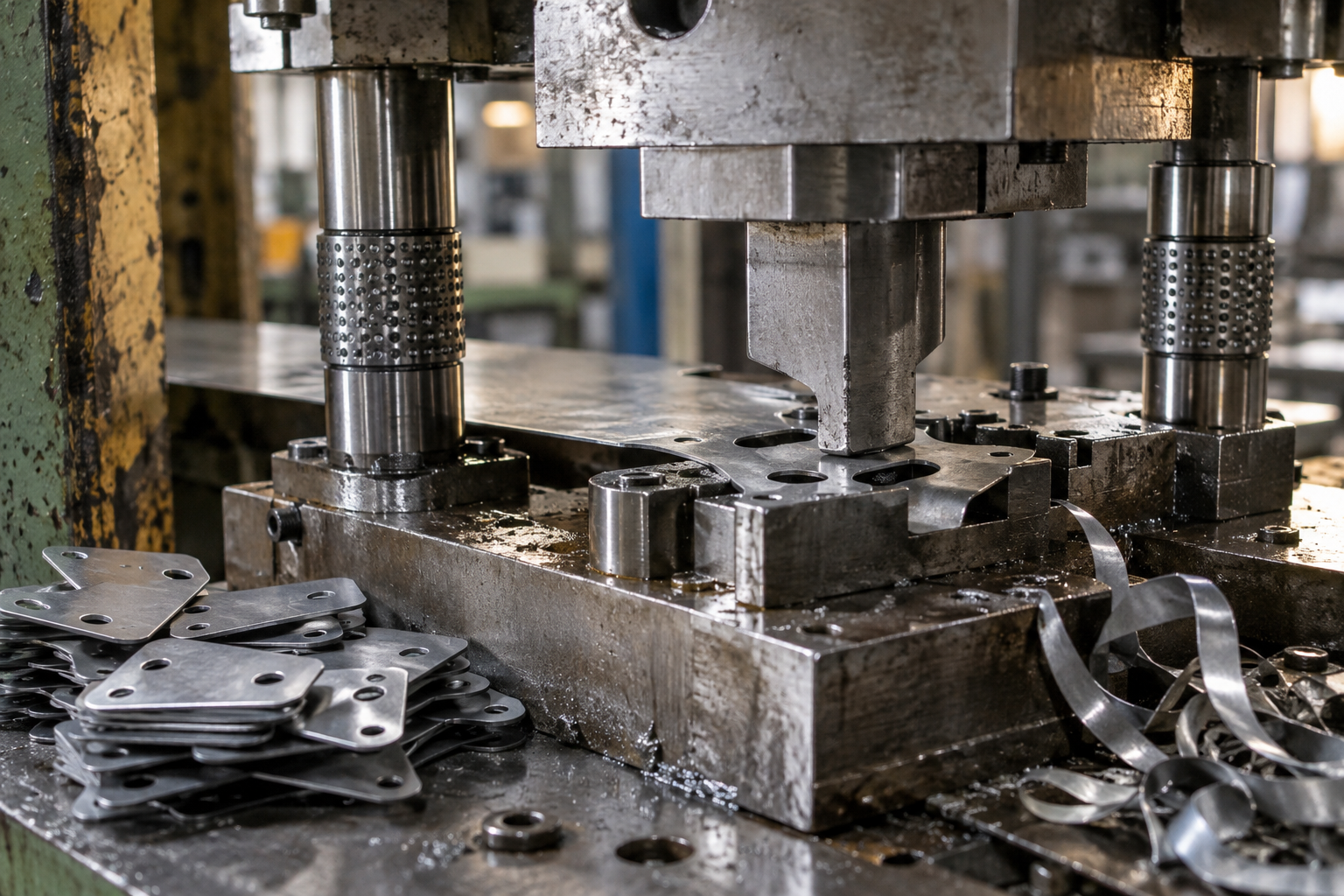 In the workshop, a stamping press is blanking a thin sheet, with finished stamped flat bracket parts and edge scrap placed beside it