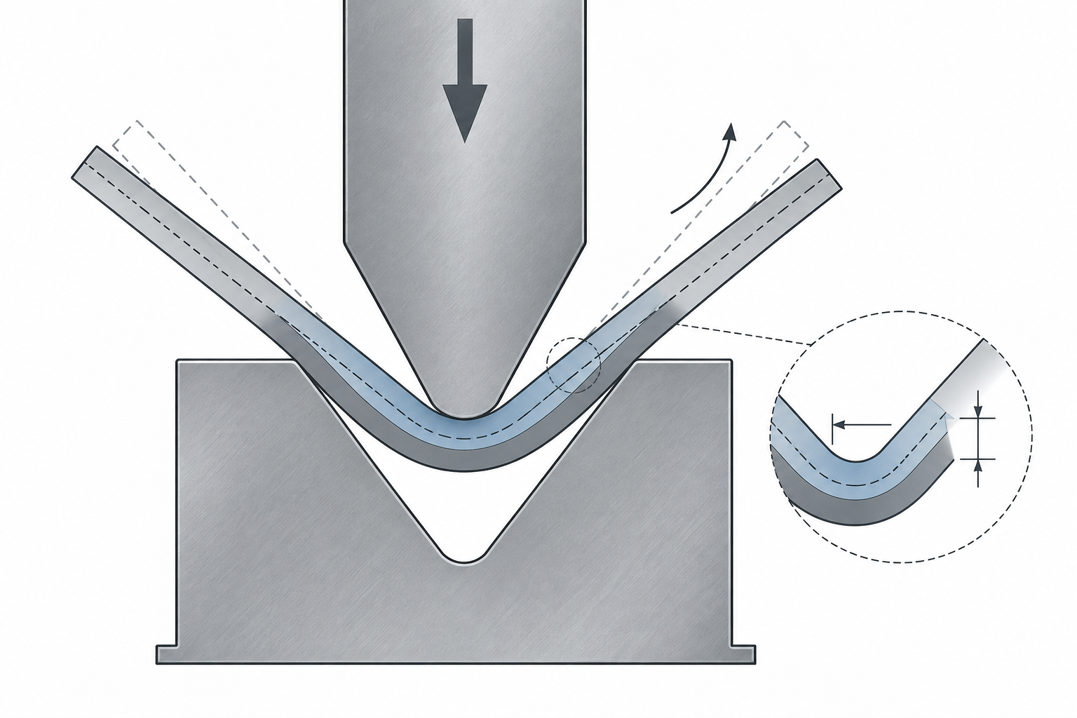 Schematic cross-section of the bending process: punch pressing down on the sheet, labeling the inner compression zone, outer tension zone, and springback direction