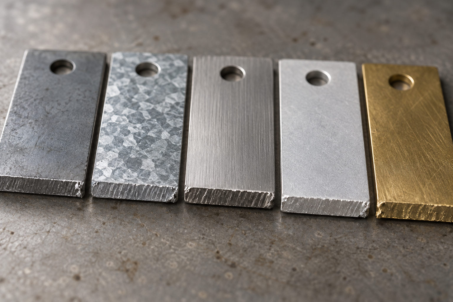Samples of five common stamping sheet metals placed side by side, labeled with the surface and cross-section differences of cold-rolled sheet, galvanized sheet, stainless steel, aluminum sheet, and copper alloy