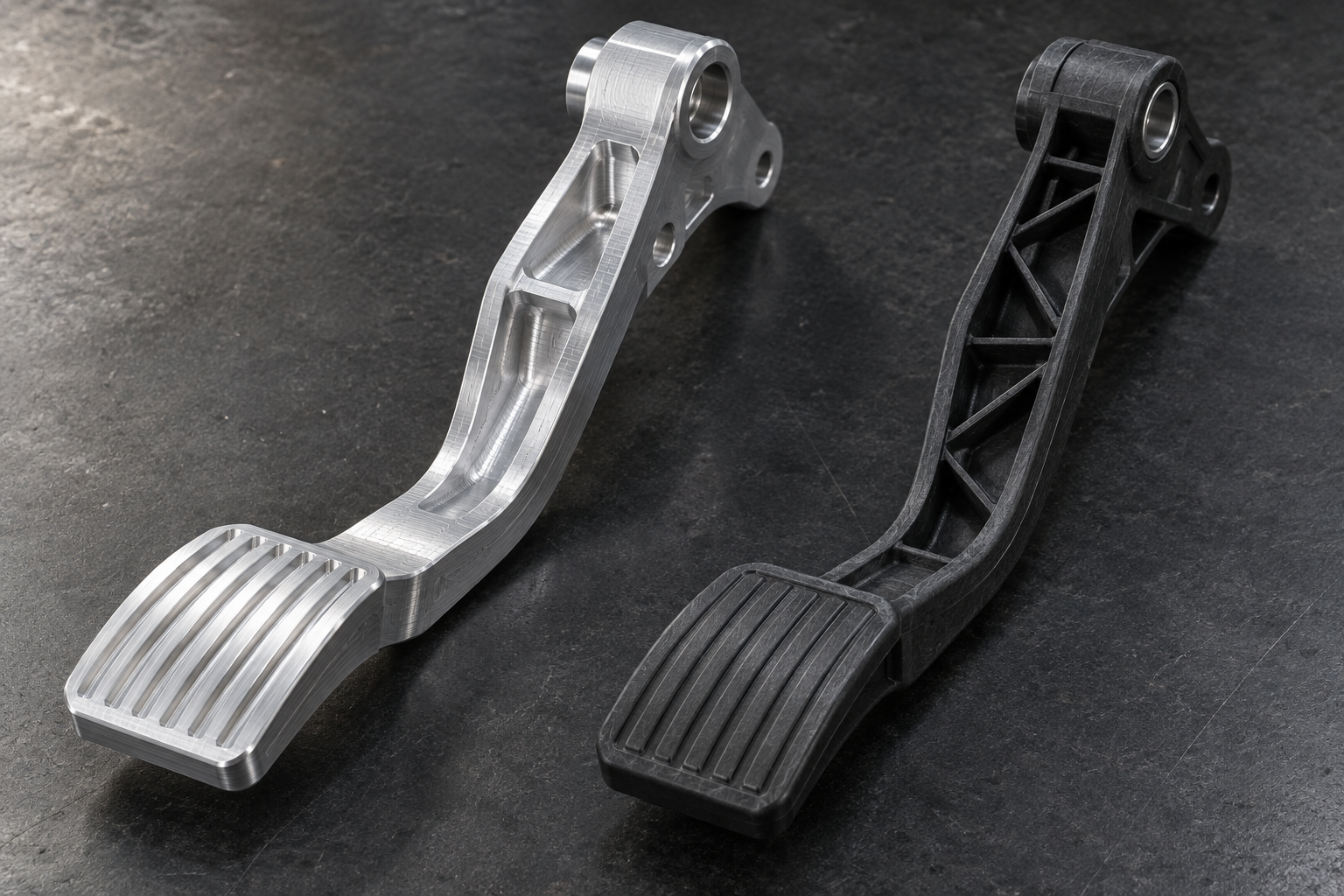 A CNC-machined metal pedal arm prototype and a mass-production injection-molded pedal arm placed side by side on an inspection bench, with a fiber orientation diagram of glass-fiber-reinforced plastic beside them