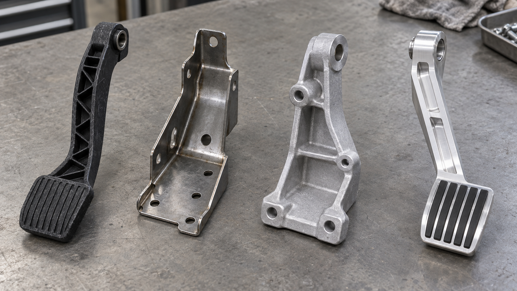 Four automotive pedal component samples side by side: a glass-fiber-reinforced injection-molded plastic pedal arm, a stamped steel bracket, a die-cast aluminum bracket, and a CNC-machined aluminum prototype arm, arranged on a workshop inspection bench