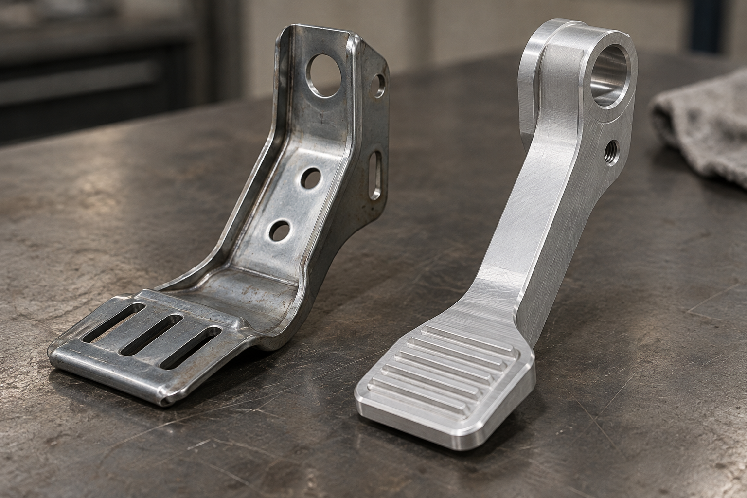 Process comparison diagram of a sheet metal stamped bracket and a CNC-machined pedal arm