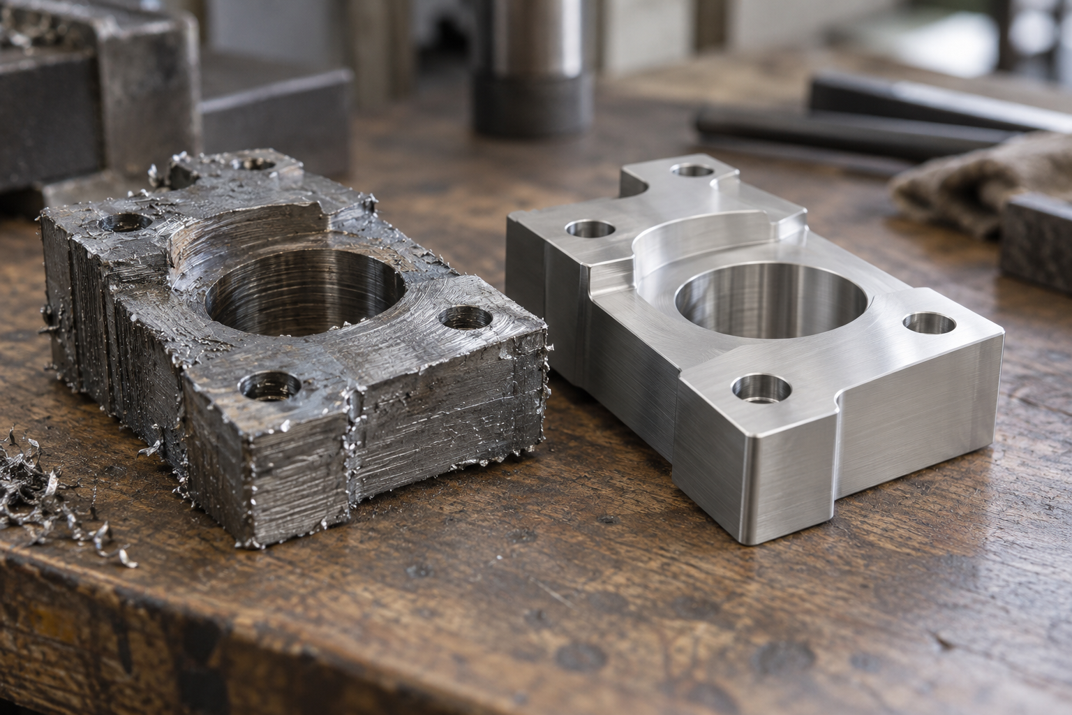 In der Werkstatt liegt ein grob bearbeiteter Metallrohling auf dem Werktisch, daneben das fertig geschlichtete gleiche Teil; Oberflächenzustand und Maßunterschiede sind deutlich erkennbar