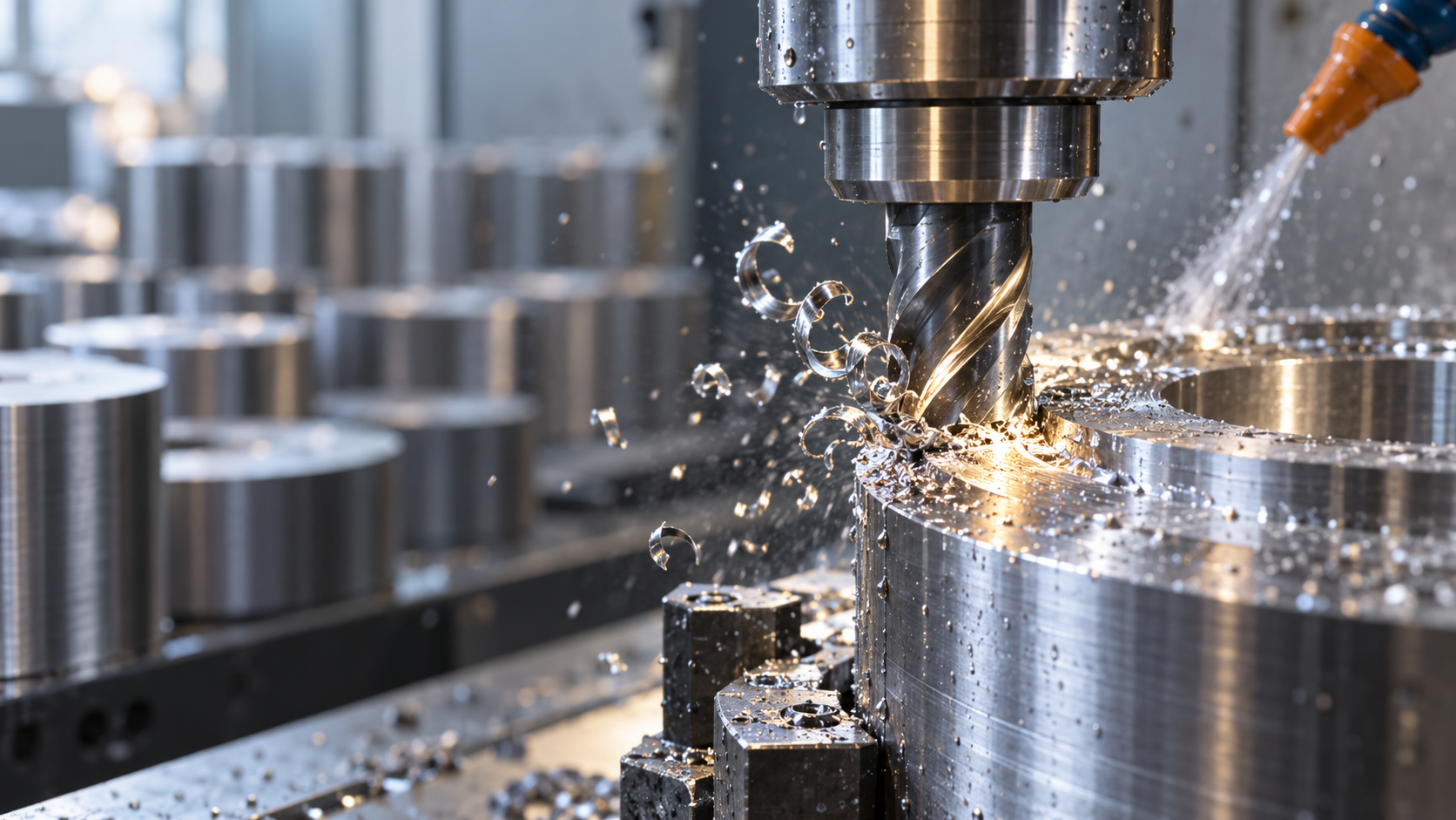 Close-up of CNC machine tools machining metal parts in a mechanical parts production workshop, with chips flying, coolant flowing, and neatly arranged raw billets waiting to be processed in the background