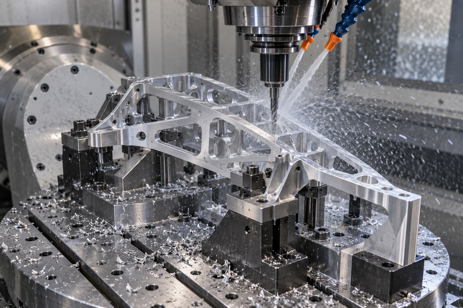 A five-axis machining center is cutting a thin-walled aerospace aluminum alloy integral structural part, with cutting fluid spraying and fixture support clearly visible