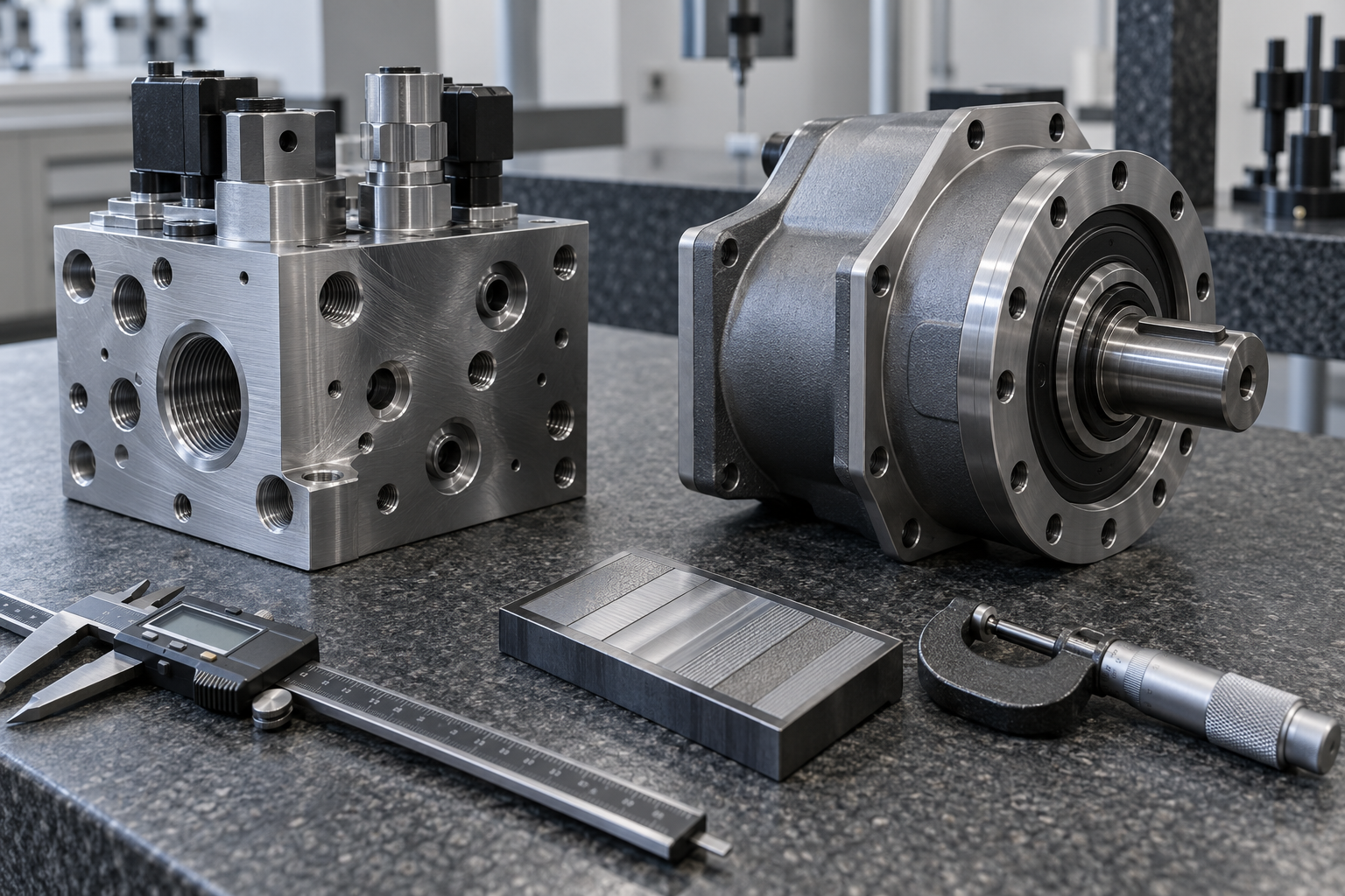 Hydraulic valve blocks and reducer parts for construction machinery placed on an inspection table, with calipers and a roughness comparator block beside them