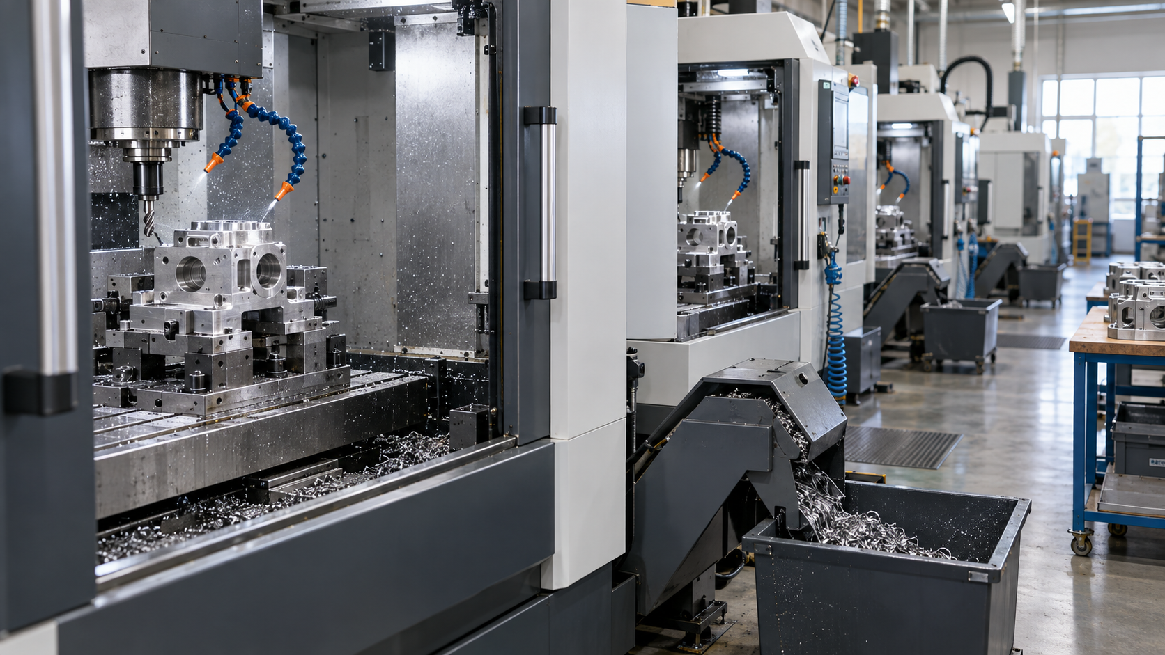Multiple machine tools in an industrial workshop machining similar parts in parallel, reflecting batch consistency in localized and standardized production