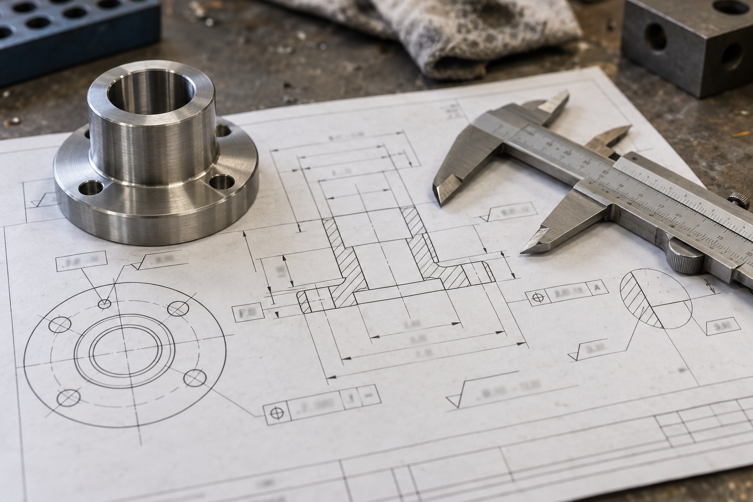 Close-up of a partial engineering drawing, marked with mating dimensions, tolerance bands, and surface roughness symbols, with calipers and the actual part placed beside it