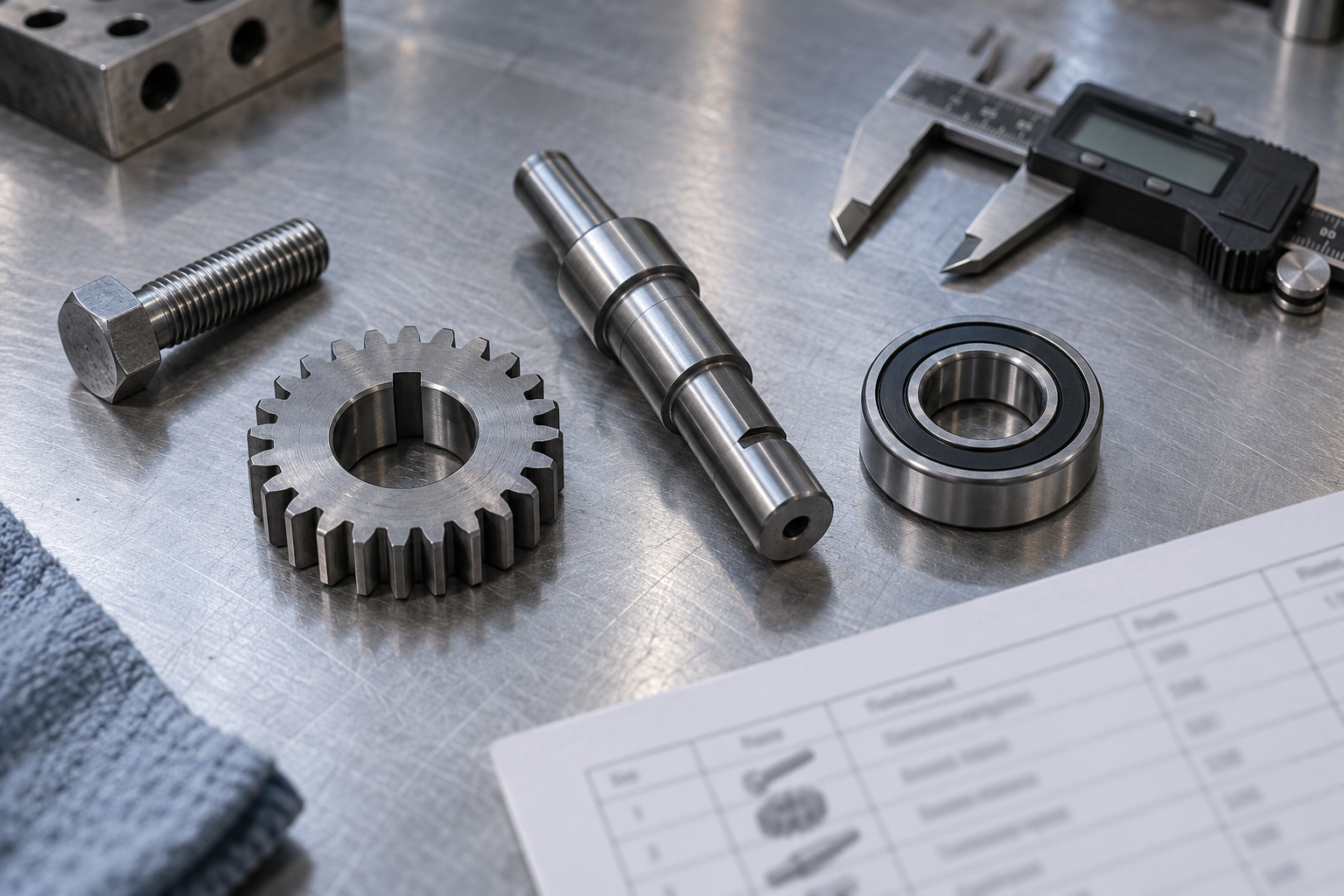 Several metal parts spread out on a workbench—a bolt, a gear, a shaft, and a bearing—with a vernier caliper and a parts list beside them, showing the physical form of the "smallest unit of manufacturing"