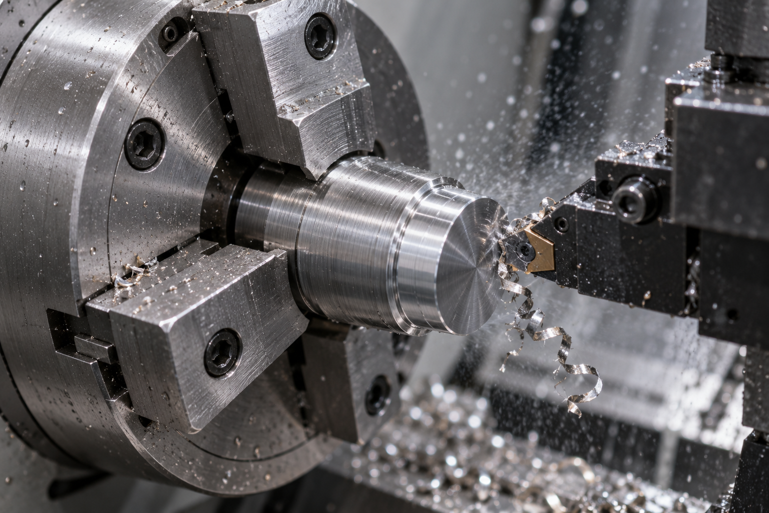Nahaufnahme eines CNC-Maschinenfutters, das ein Werkstück spannt, mit herausfliegenden Spänen, Betonung von Spann- und Bearbeitungszustand