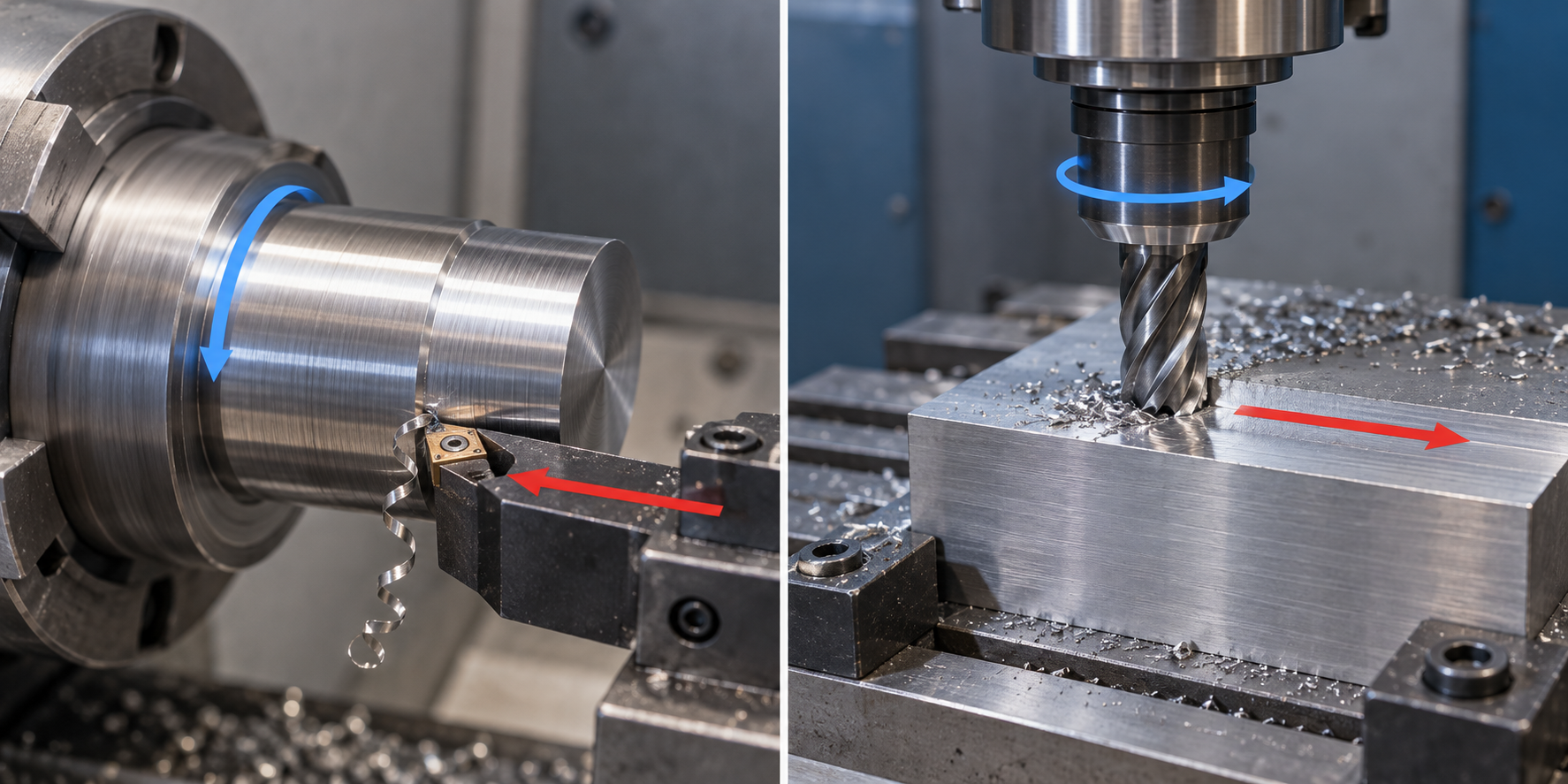 Schematic comparison of CNC lathe and milling machining, showing the kinematic difference that the workpiece rotates during turning while the tool rotates during milling