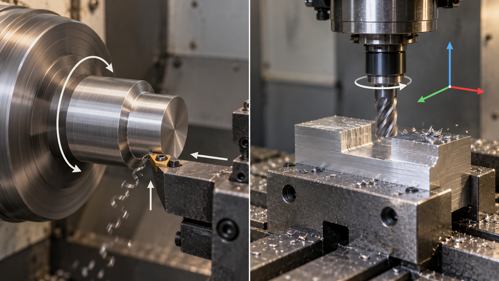 Schematic comparison of CNC turning and CNC milling kinematics: on the left, the workpiece rotates and the tool feeds; on the right, the workpiece is stationary and the rotating tool performs multi-axis motion