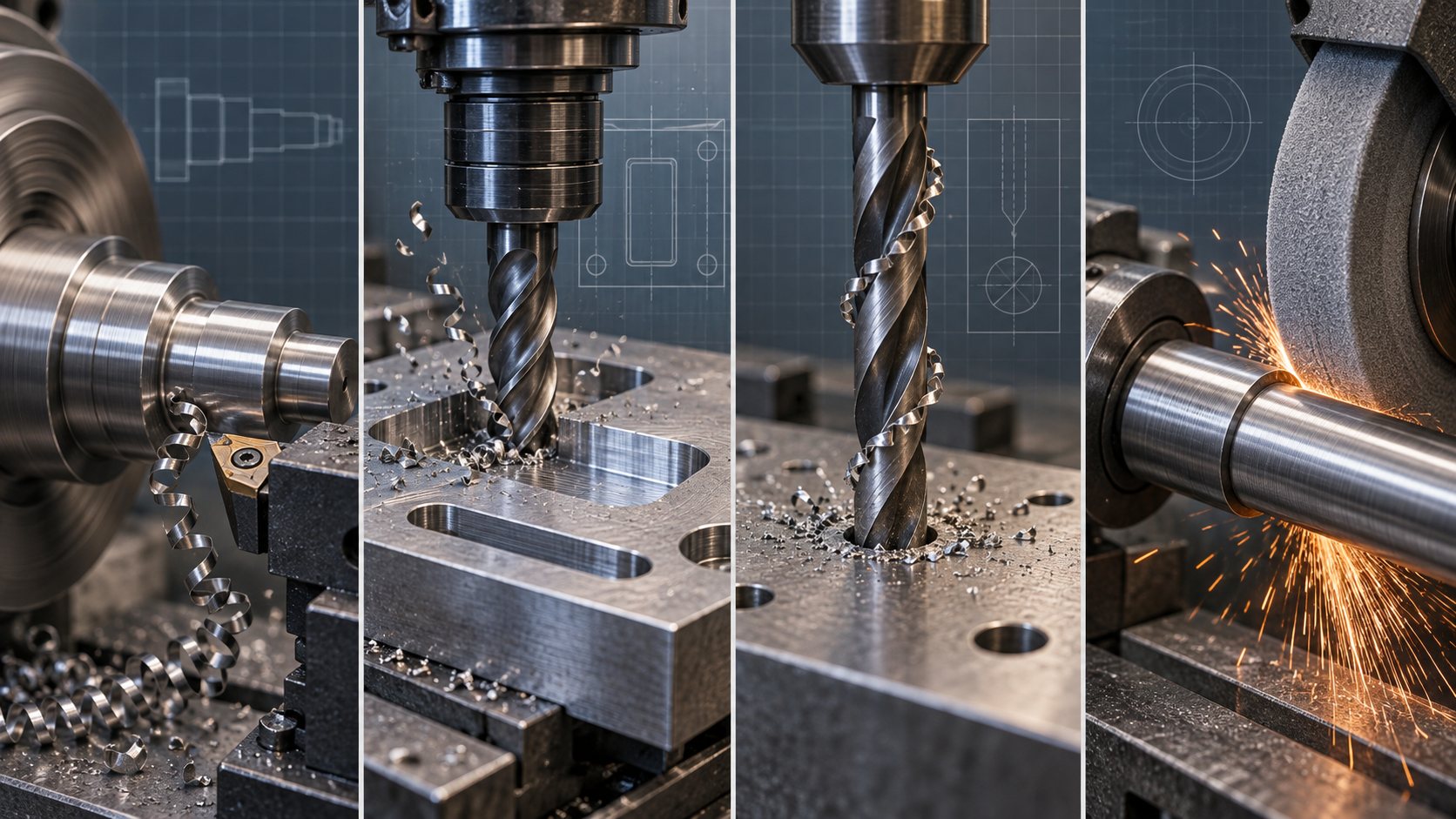 Schematic comparison of the machining actions and typical part forms of the four machining processes: turning, milling, drilling, and grinding