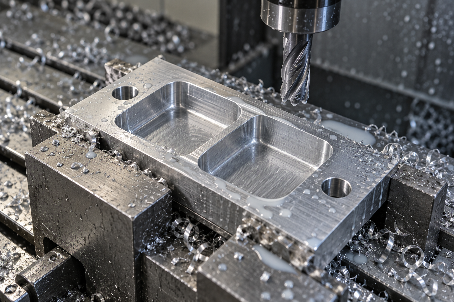 Detail der Aufspannung der Aluminium-Montagehalterung (120×80×10mm) im Maschinenschraubstock einer CNC-Fräsmaschine: Der φ12-Schaftfräser hat gerade die Oberseite überfräst, Aluminiumspäne rollen sich beim Austritt, Kühlschmierstoff bedeckt das Werkstück teilweise, an der Spannbackenkante befindet sich eine Bezugsmarkierung für die Wendebearbeitung