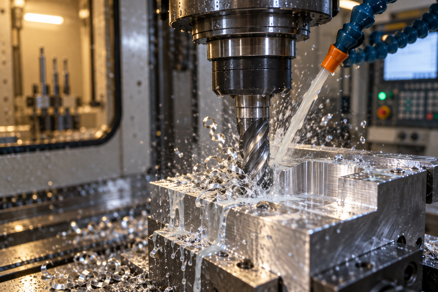 In einer Werkstatt bearbeitet eine CNC-Fräsmaschine ein Aluminiumwerkstück, Kühlschmierstoff spült Werkzeug und Werkstück, Späne werden in silbrig-weiß geringelter Form ausgetragen