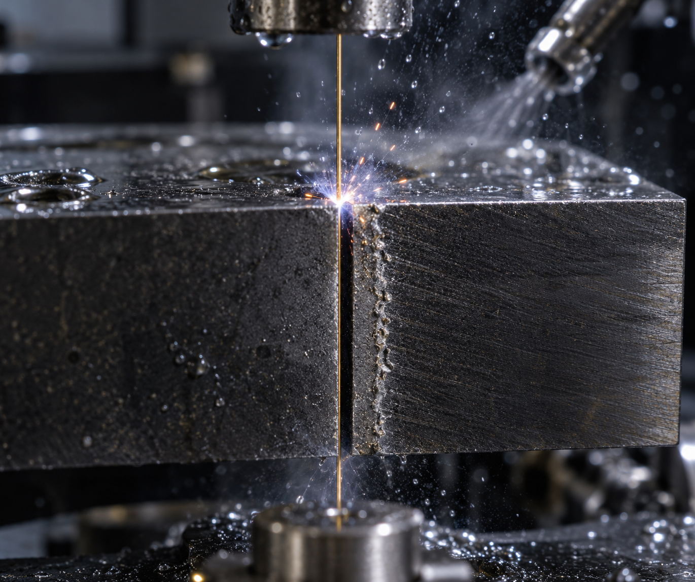 Macro close-up of a wire EDM thin metal wire discharging and cutting in a narrow slot in the workpiece, with tiny sparks and the kerf visible