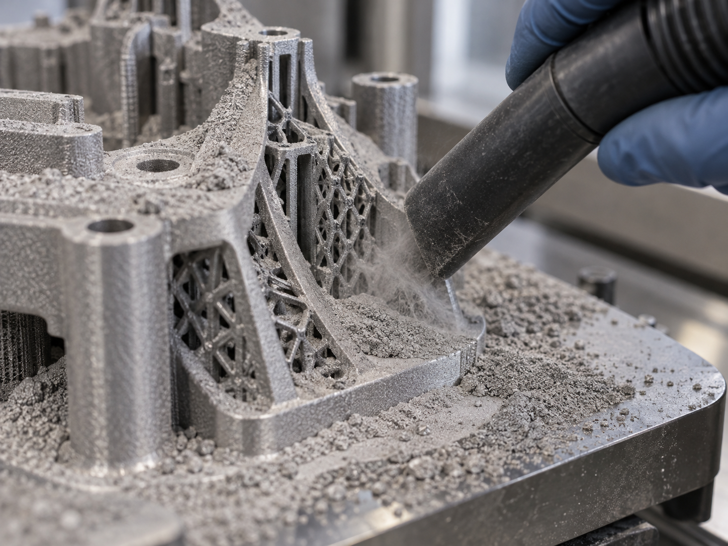 Nahaufnahme eines Bedieners, der nach der Entnahme eines Metall-3D-Druckteils aus dem Pulverbett mit einer Absaugvorrichtung Restpulver von der Oberfläche und aus Hohlräumen entfernt