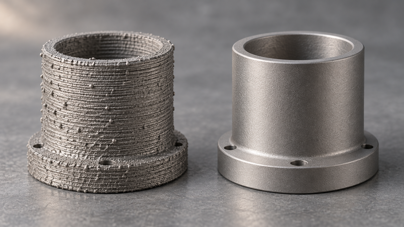 Vergleich eines Metall-3D-Druckteils vor und nach der Oberflächenbehandlung: Links die ursprüngliche Oberfläche mit Schichtlinien und ungeschmolzenen Partikeln, rechts die gleichmäßige Oberfläche nach Schleifen und Sandstrahlen