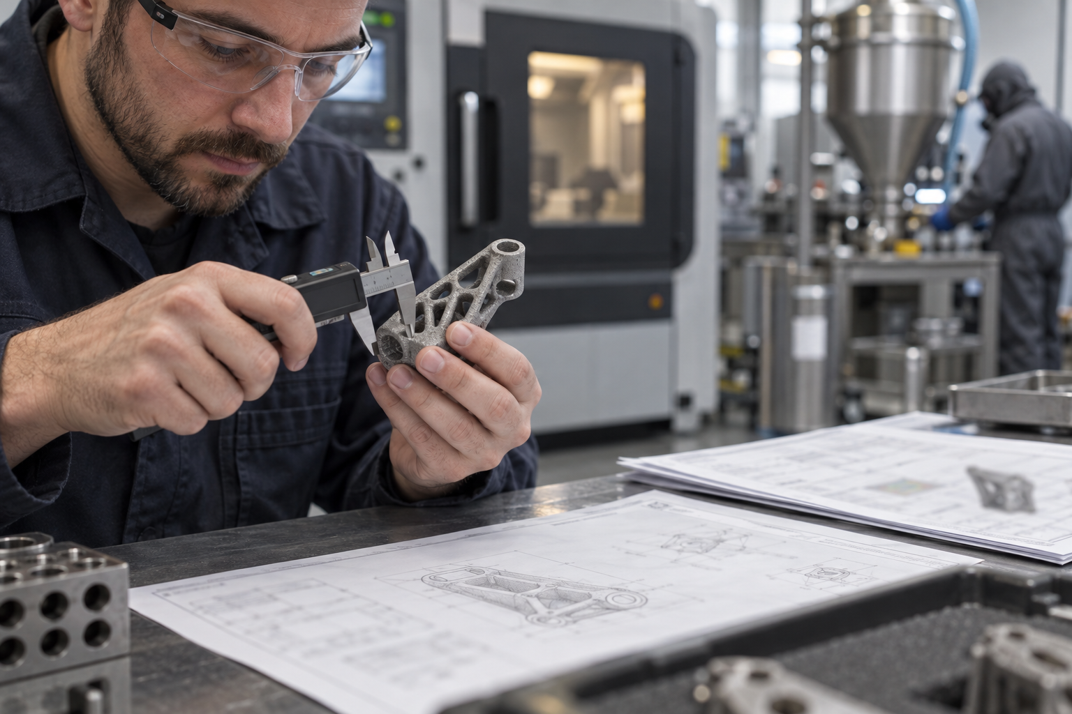 Ein Ingenieur plant in der Werkstatt anhand der Zeichnung die Nachbearbeitungsroute für ein Metall-3D-gedrucktes Teil; auf dem Tisch liegen Prozesskarten und Prüfberichte aus
