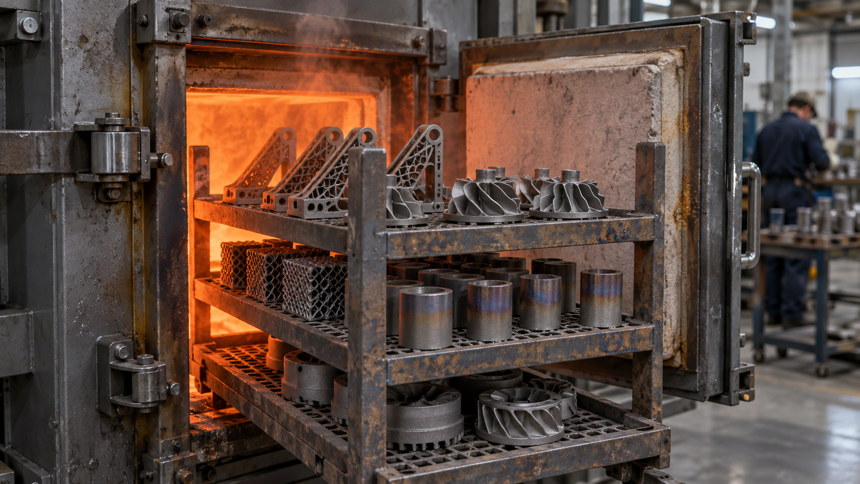Metall-3D-Druckteile auf einem mehrstöckigen Gestell in einem industriellen Wärmebehandlungsofen, Ofentür halb geöffnet, dunkelrote Restwärme im Kontrast zum kalten Metall
