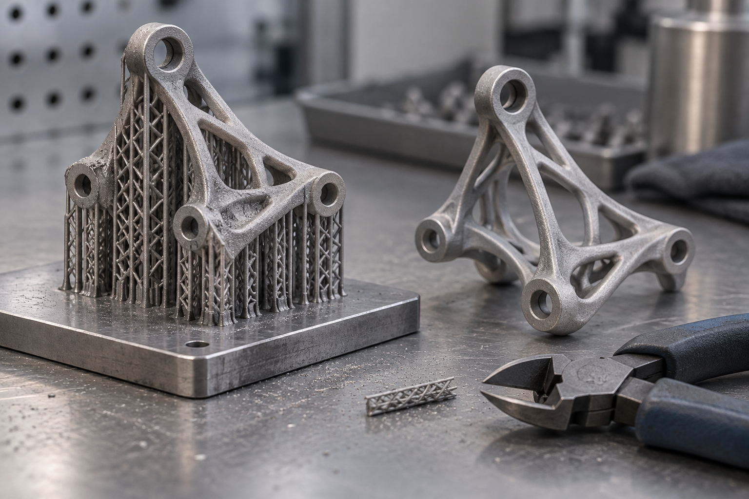 Metall-3D-Druckteil, noch mit Substratplatte und Stützstruktur verbunden, daneben ein Halbzeug nach dem Schneiden mit Seitenschneider und Drahterodieren, das den Vergleich vor und nach dem Entfernen der Stützen zeigt