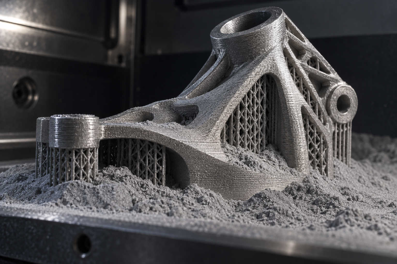 Der Halbfertigzustand eines Metall-3D-Druckteils nach der Entnahme: mit Stützstrukturen, an der Oberfläche anhaftendem Restpulver und deutlich sichtbaren Schichtlinien