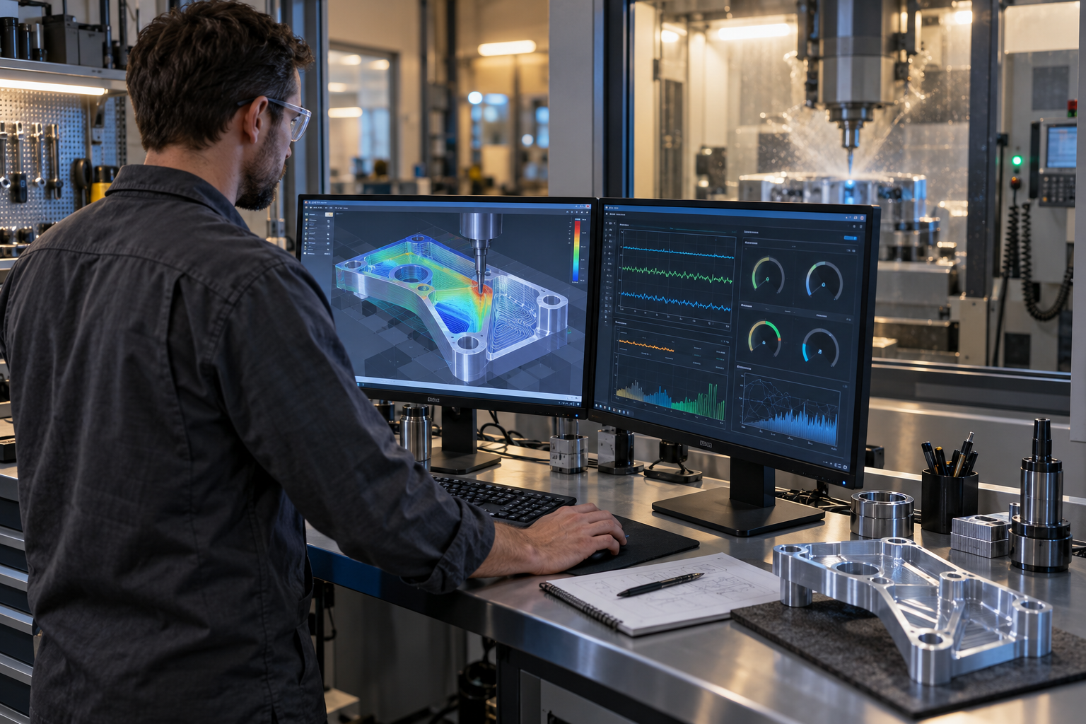 Un ingénieur compare devant l'écran la trajectoire de coupe simulée par le jumeau numérique et l'état d'usinage réel de la machine
