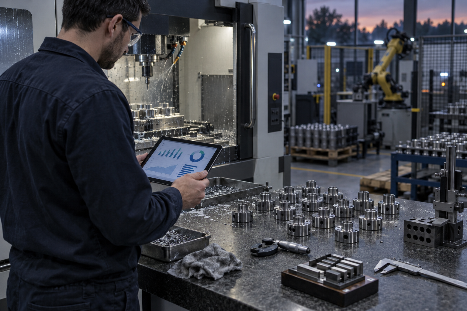 En el taller de mecanizado de componentes de precisión, un ingeniero junto a la máquina compara los datos de tolerancia en un panel digital, con una unidad automatizada y piezas pendientes de inspección al fondo